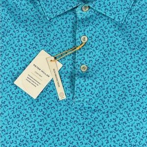 Peter Millar Golf Shirt Polo CS Summer Comfort Hammered Print Large Blue NWT